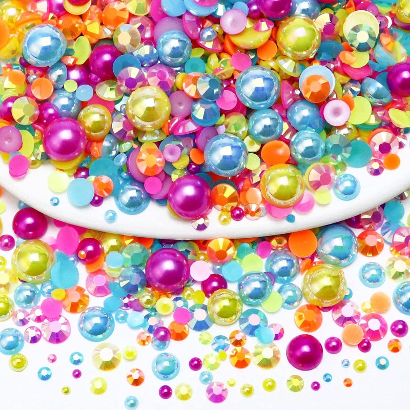 Towenm 60g Mix Flatback Pearls and Rhinestone, 2mm-10mm Jelly Rhinestones and Half Pearls for Crafts Tumblers Shoes Nails Face Art, with Picker Pen, Pink|Blue|Yellow|Orange - Image 1